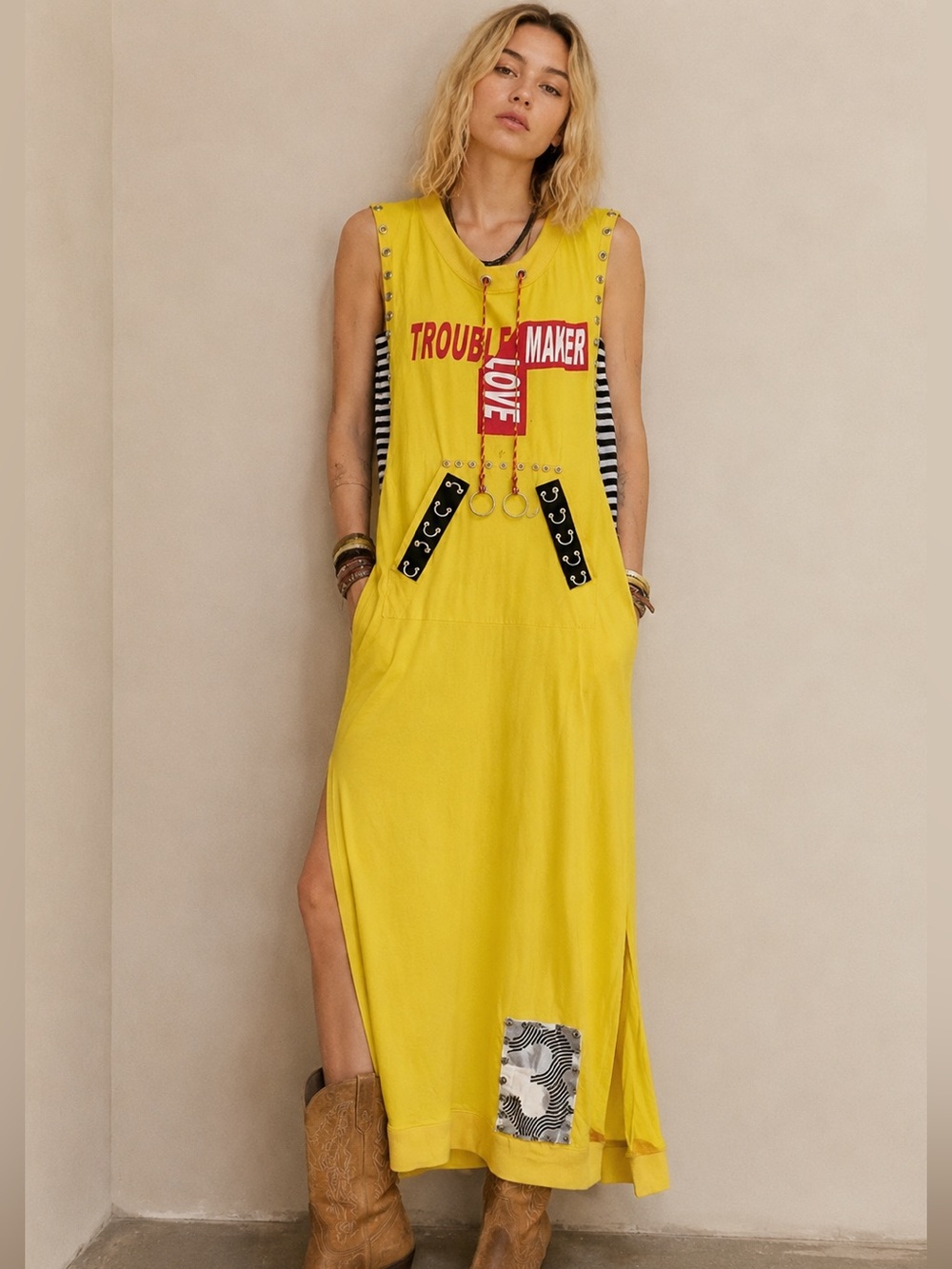 Quesign Lab Yellow Top Harajuku K-Pop Punk Artsy Tunic Top Slit Sides Sz Large